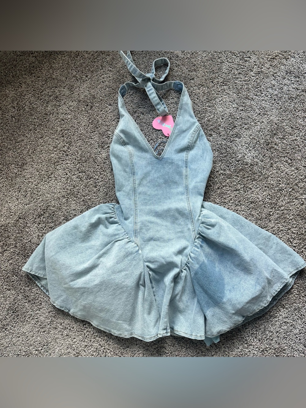 Sugar Thrillz Light Blue Denim Halter Poofy Coquette Mini Dress